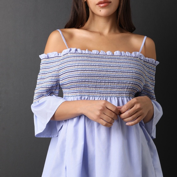 Striped Off-The-Shoulder Smocked Blouse Top - Picture 1 of 3